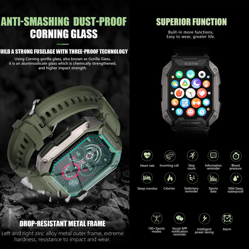 Military Smart Watch for Men(Answer/Make Calls), 1.81”AMOLED 5ATM Waterproof Fitness Watch with Heart Rate/SpO2/Blood Pressure, Bluetooth Smartwatch for Android iPhone, with 3 Watch Bands (Green) Green