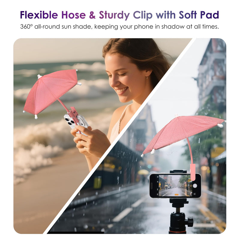 Phone Umbrella Sun Shade Clip-On, Universal Cell Phone Sunshade with UV Protection, Anti-Glare Screen Shield for iPhone & Android, Outdoor Beach Pool Travel Accessory Pink