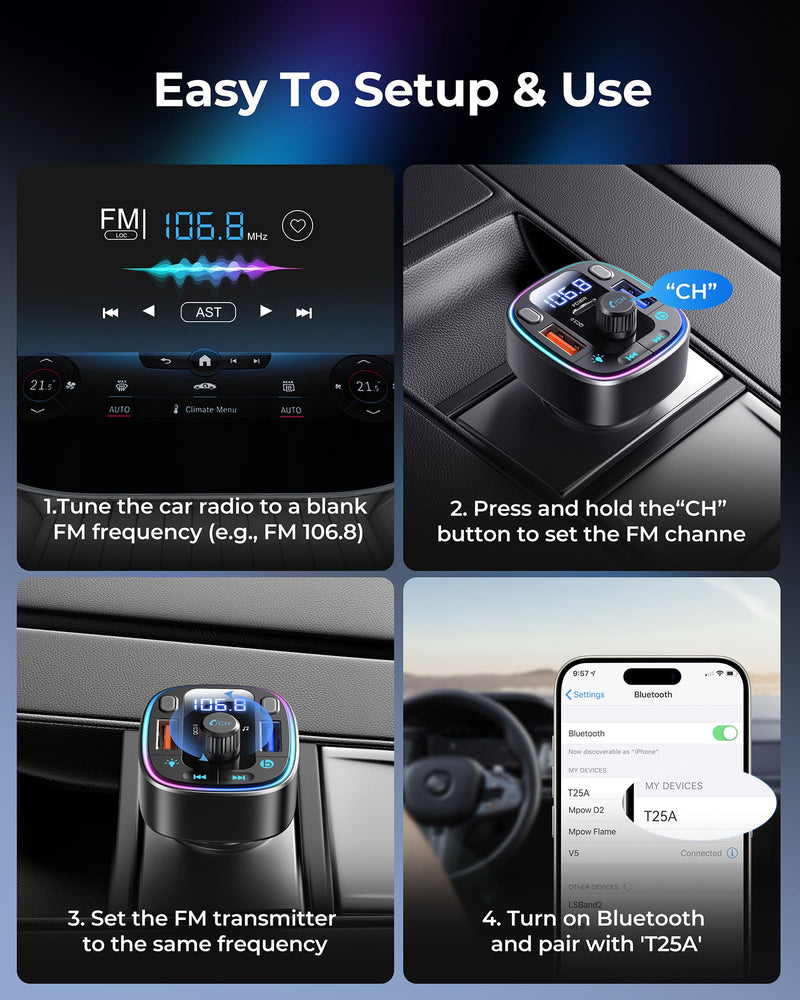 [AUSTRALIA] - LENCENT Bluetooth 5.4 Car Adapter FM Transmitter 54W Fast Charging, Dual Mics, HiFi Bass Sound, 2 Modes LED Backlit, Cigarette Lighter Adapter Hands-Free Calling Radio, Support USB Drive 