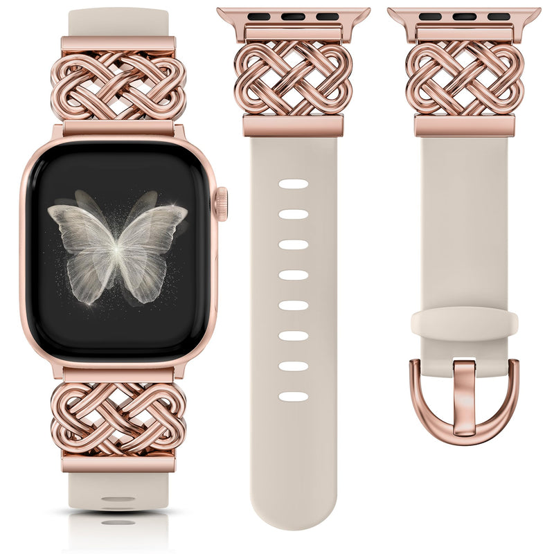 Minyee 2 Packs Band Compatible with Apple Watch Band Women 42/46/38/40/41/44/45/49mm, Celtic Knot Silicone Band & Adjustable Chain Strap Link Bracelet
