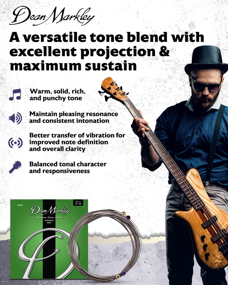NickelSteel Signature Bass Guitar Strings 5 String Set, Roundwound Electric Bass Strings Medium Light, Incredible Long-Lasting Tone Suited for Rock and Roll, Made in USA, 45-128 Medium LightGauge 5-String 2604B - NickelSteel Bass ML
