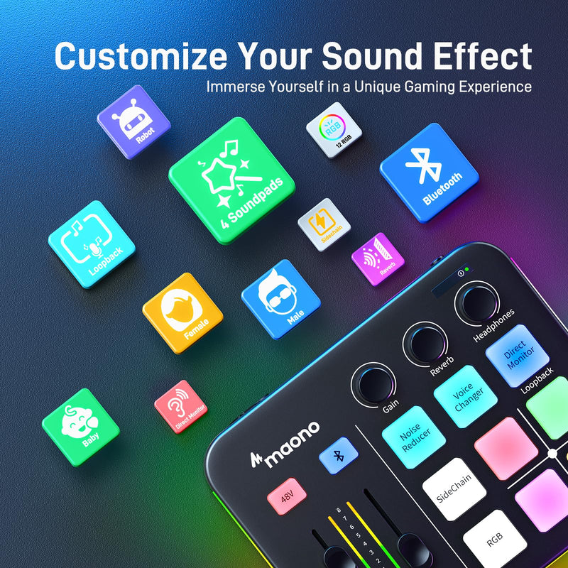 MAONO Gaming Audio Mixer, Audio Interface with Pro-preamp, RGB, Bluetooth, 48V Phantom Power for Live Streaming, Podcasting, Content Create, Gaming MaonoCaster G1 NEO (BLACK) Black