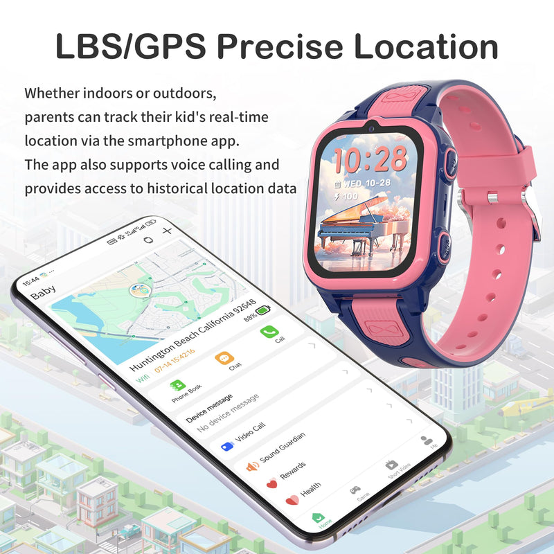 4G Kids Smart Watch with GPS Tracker Video Voice Calling Text Chat SOS Call, Waterproof Smartwatch Age 5-12, Wallpaper Store School Model Camera Pedometer Game Alarm Clock Stopwatch for Kid(Pink)