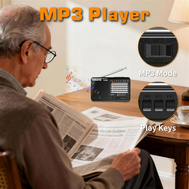 [AUSTRALIA] - XHDATA D-328 Shortwave AM FM DSP Portable Small Multi Band Radio Stereo MP3 Player with Rechargeable Battery Earphone Jack Portable Multimedia Speaker with USB Micro SD Card Jack (Black) Glossy Black 