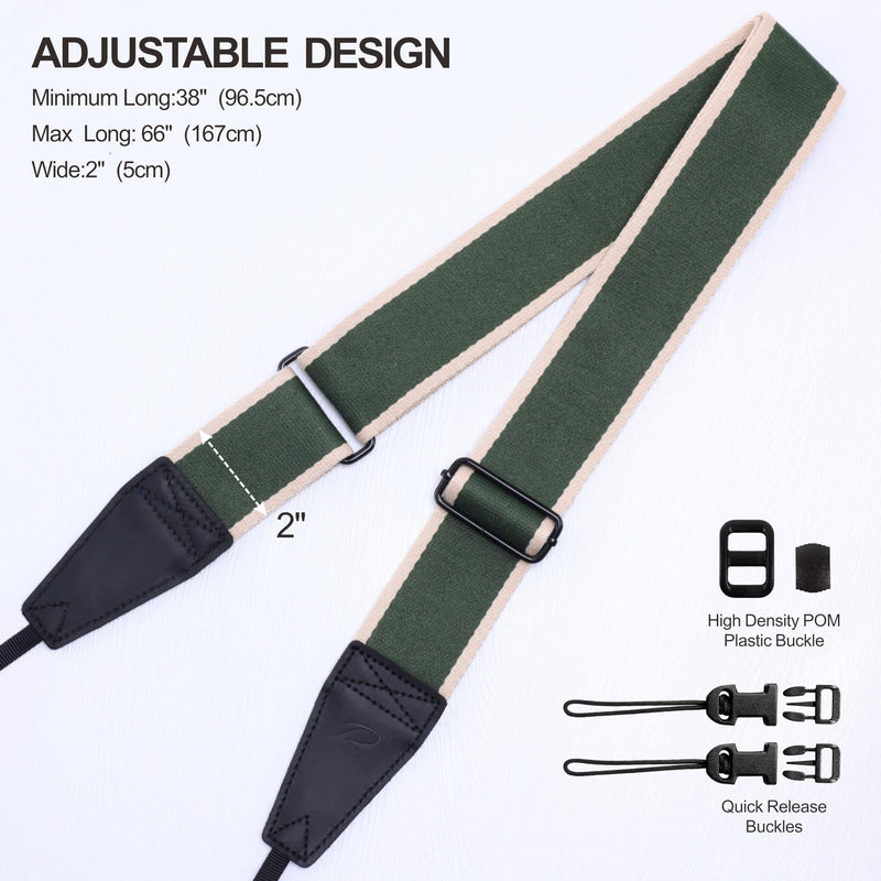 Padwa Lifestyle Adjustable Camera Strap - 2" Wide Top Layer Cowhide Head Camera Straps for Photographers, Vintage Adjustable Neck Shoulder & Crossbody Strap Quick Release fits All Cameras-Green Stripe D# - Green Stripe Adjustable 38~66 inch / 2" Wide