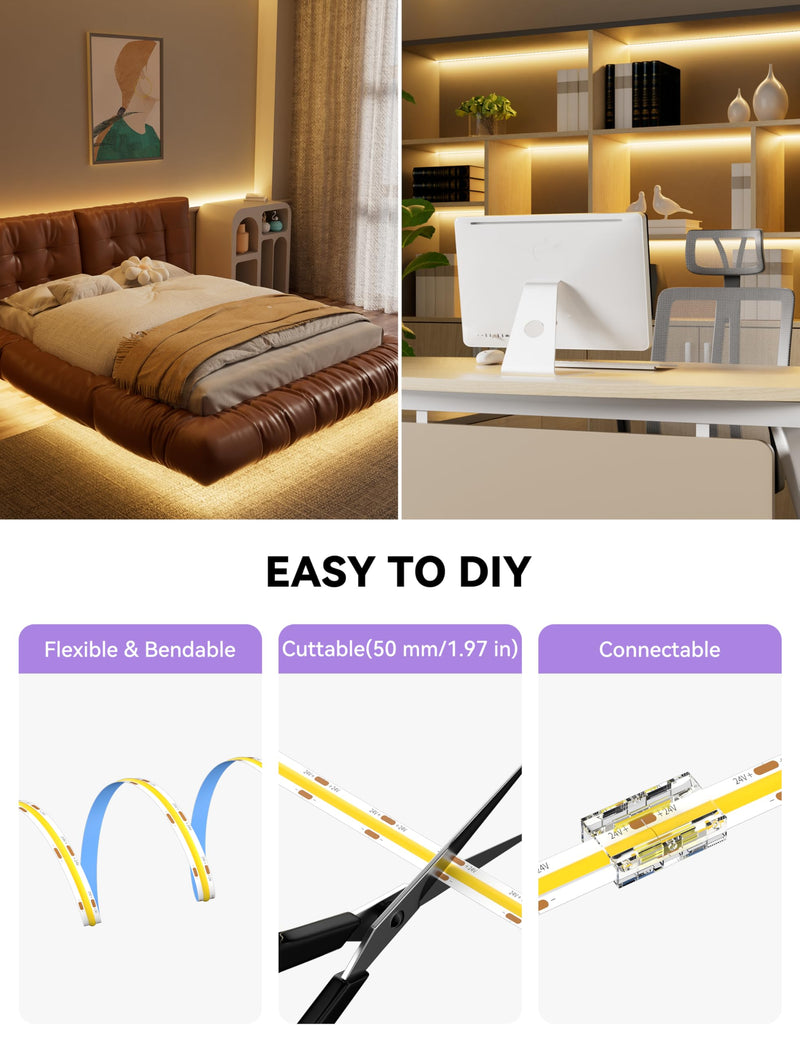 MIWISE COB LED Strip,LED Strip Light 2700K Warm White 20ft Dimmable Super Bright 24V,High Density Flexible Tape Light with RF Remote Timer Function,for Shelf/Cabinet/Bedroom/TV DIY Lighting Project 6.1m