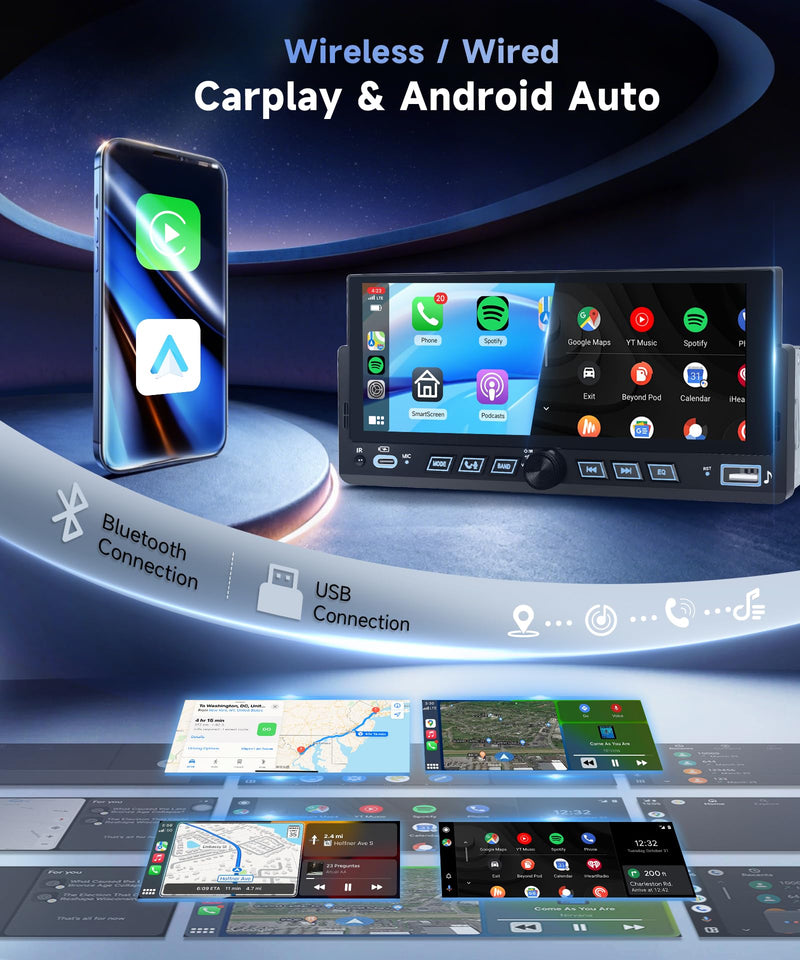 Single Din Car Stereo, 6.86" Touch Screen Car Radio with Wireless & Wired CarPlay Android Auto, Bluetooth FM USB EQ Mirror Link Steering Wheel Control + 12LED Backup Camera 6.86 Inch with Knob