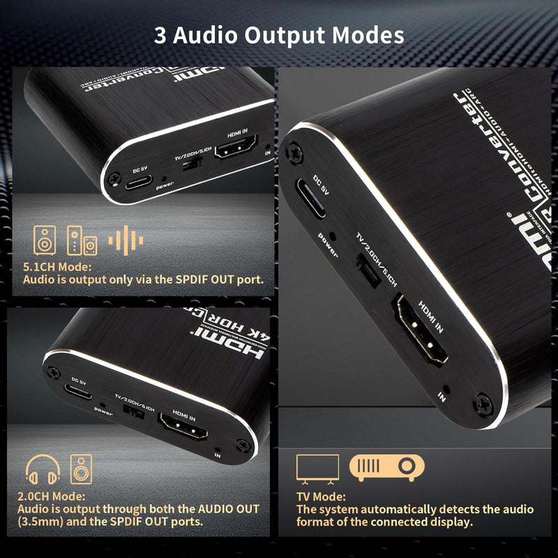 ARC Audio Extractor 4K@60Hz HDMI ARC Adapter HDMI ARC to Optical Adapter with Optical and 3.5MM Audio Output Converter Support 3D/HDCP1.4/LPCM7.1/DTS for TV Box/DVD/PS5/Headphone/Amp/Home Theater
