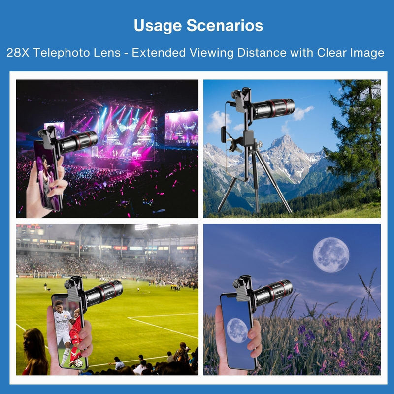 [AUSTRALIA] - 28x Optical Zoom HD Phone Camera Lens 5 in 1 Kit for iPhone and Android with Tripod + Telephone Zoom Lens + Lens Cover + Clips, Support Hand-held, Eye View, Spot Shooting, 4K HD Telephoto 