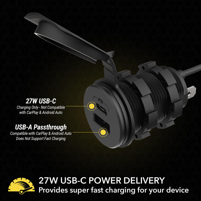 Scosche PowerVolt Dash Port 27W USB-C Car Charger with Data Pass-Through | USB Relocator for Apple CarPlay & Android Auto with 27W USB-C Charging and USB-A Port for Data Pass-Through Only 27W USB-C + USB-A Passthrough Dual Port