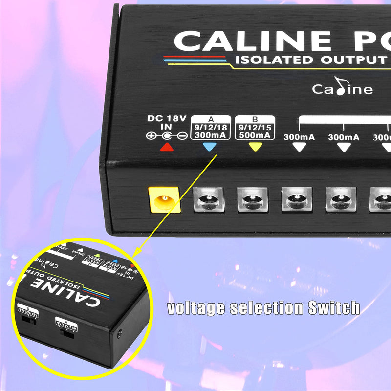 Caline Guitar Pedal Power Supply, True Isolated Pedal Board Power Supply with 8 Totally Isolated DC Outputs(300mA/500mA), Switchable 9V/12V/15V/18V Power Outputs for Guitar Pedals