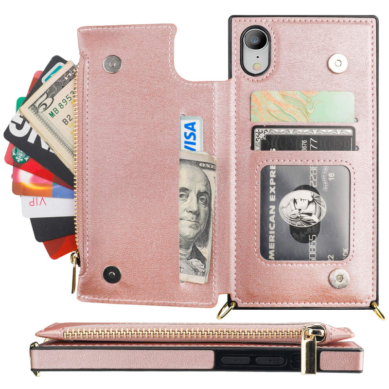 [AUSTRALIA] - Bocasal Crossbody Wallet Case for iPhone Xr with Card Holder,Zipper Card Slot Protector Shockproof Purse Cover with Removable Cross Body Strap 6.1 Inch(Rose Gold) Rose Gold For iPhone Xr 6.1 inch display 