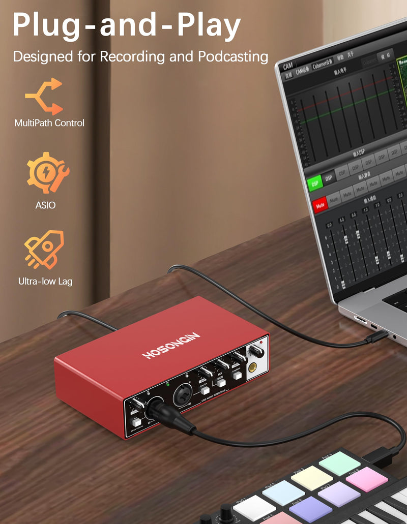 [AUSTRALIA] - HOSONGIN 2i2 USB Audio Interface for Beginners - 24Bit/192kHz, 48V Phantom Power, Plug & Play Recording for Podcast/Vocals/Guitar/Youtube, PC/Mac/iOS Compatible (Red Metal) H-A002 