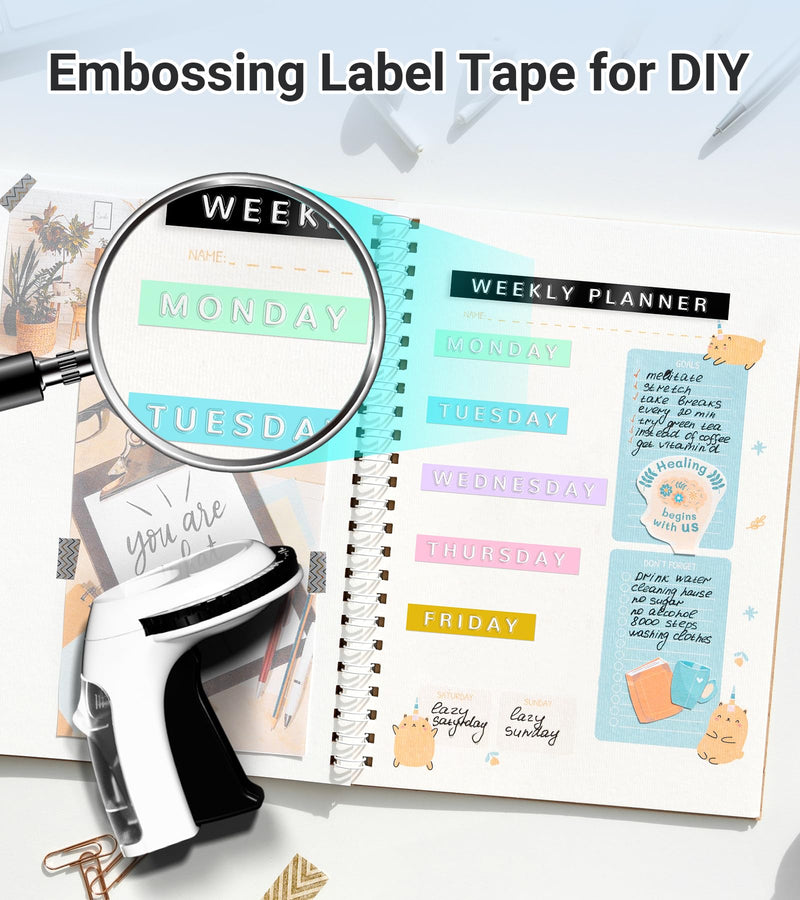 [AUSTRALIA] - Embossing Black Label Maker Machine with-Tape, Retro Embossed Label Maker Manual, Vintage 3D Emboss Labeler with 10 Rolls Macaroon Embossing Label Tapes for Home Kitchen Office School Kids 