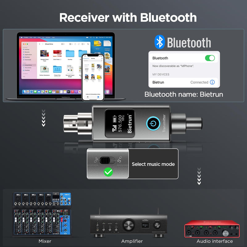 Bietrun Wireless XLR Transmitter Receiver, XLR Wired to Wireless Mic Adapter, UHF 230ft Range, 30 Channels, Receiver with Bluetooth, to 1/4'' Adapter, for Dynamic/Condenser Mics, Audio Interface