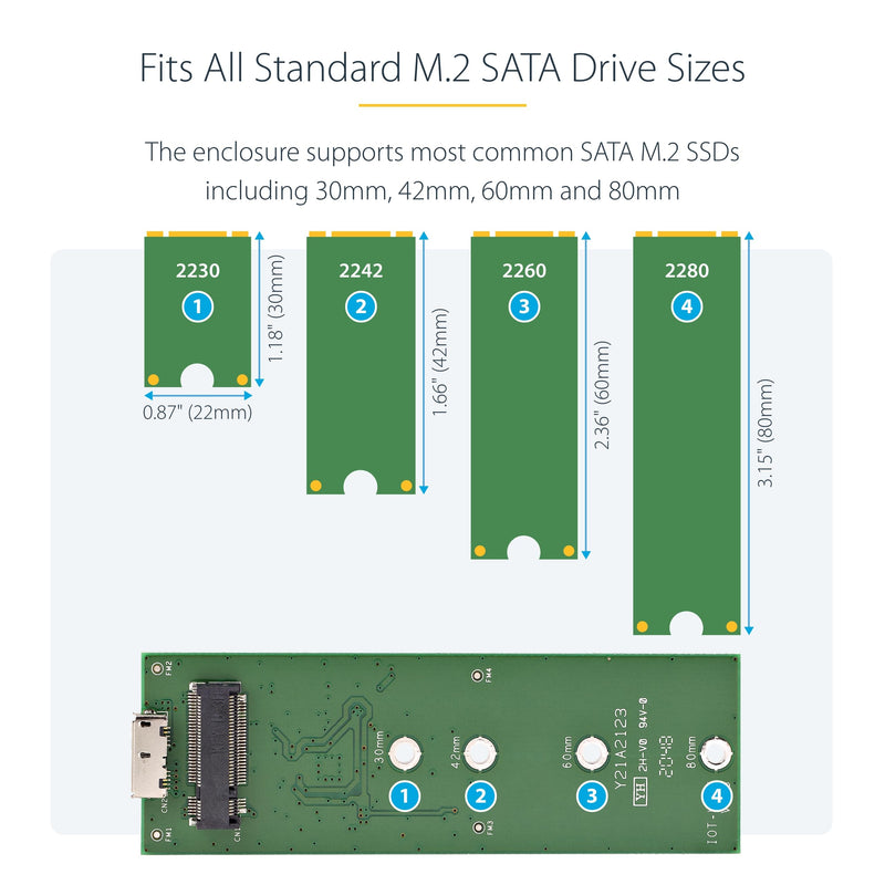 StarTech M.2 SATA SSD Enclosure, USB 3.1 10Gbps, Aluminum (SM21BMU31C3) | For USB-C host, Cable included, USB 3.1 Gen 2, 30 to 80mm, SATA I/II/III, Ventilation, Aluminum 10Gbps SATA