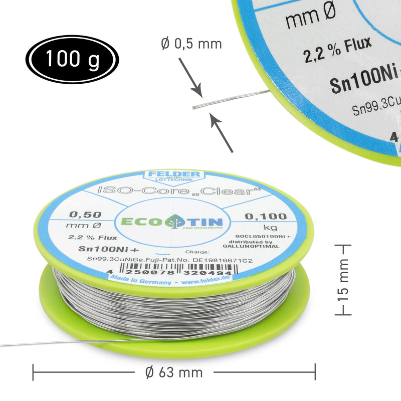 Felder Solder ISO Core Soldering Wire Clear Sn100Ni+ Sn99.3CuNiGe (0.5 mm to 100 g)