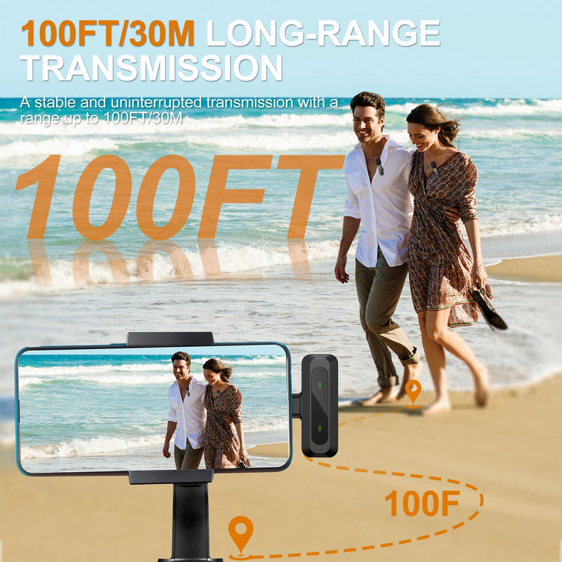 Wireless Lavalier Microphone for iPhone, iPad, Android - 100FT Transmission, 360° Omnidirectional HD High Sensitivity Mic for Interview, Video Podcast, Vlog, YouTube, TikTok
