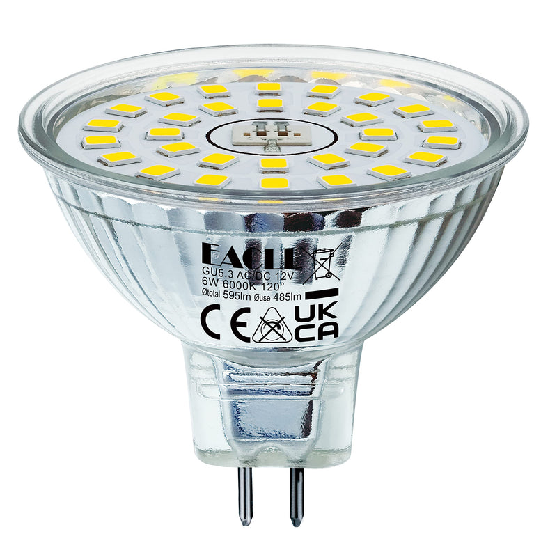 EACLL GU5.3 LED Cool White 6 W Replaces 50 W Halogen MR16 Bulb, Pack of 6, 595 Lumen 6000 K Bulb, AC/DC 12 V Flicker-Free Spotlight, Beam Angle 120 Degree Spot, Non-Dimmable Reflector Lamps 6000 K Cool White Light 6 pcs (pack of 1) 6w