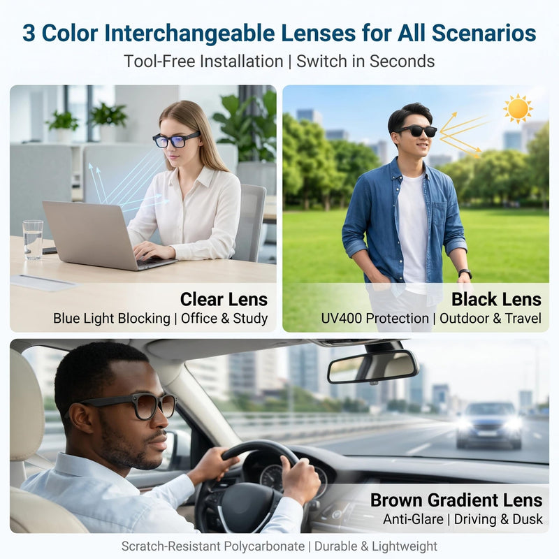 AI Smart Glasses with Voice Assistant & 1080P Camera, Bluetooth Audio & Real-Time Translator; with Anti-Shake Video, Magnetic Charging, Interchangeable Lens, Hands-Free Calling & Music