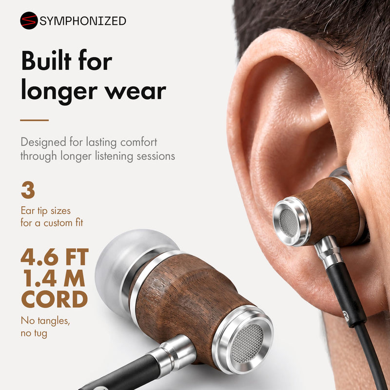 Symphonized Premium Wooden 3.5mm Jack Wired Earbuds with Microphone & Volume Control, Plug in Ear Headphones Wired Earphones with Mic, Corded Ear Buds Wire for Computer, Laptop & Phone with Aux Cord Aux 3.5mm Black
