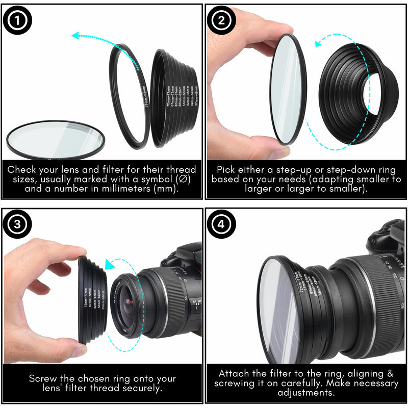 [AUSTRALIA] - 18-Piece Filter Ring Adapter Set - 9X Step-Up Rings and 9X Step-Down Rings for Lens Filters, Lens Hoods, and Lens Converters - Includes 4X Microfiber Cleaning Cloths (7x6 Inches) Step Up + Down Lens Filter Adapter Kit - Set of 18 