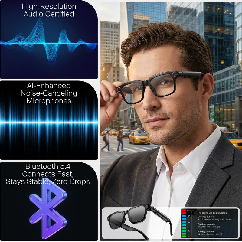 Ai Smart Glasses with Camera, 4K 8MP HD Photo and Video Recording with Real-Time Translation/Object Recognition/AI Voice Q&A/Recording, Calls and Music, UV & Blue Light Protection, Photochromic lens Shine Black M08