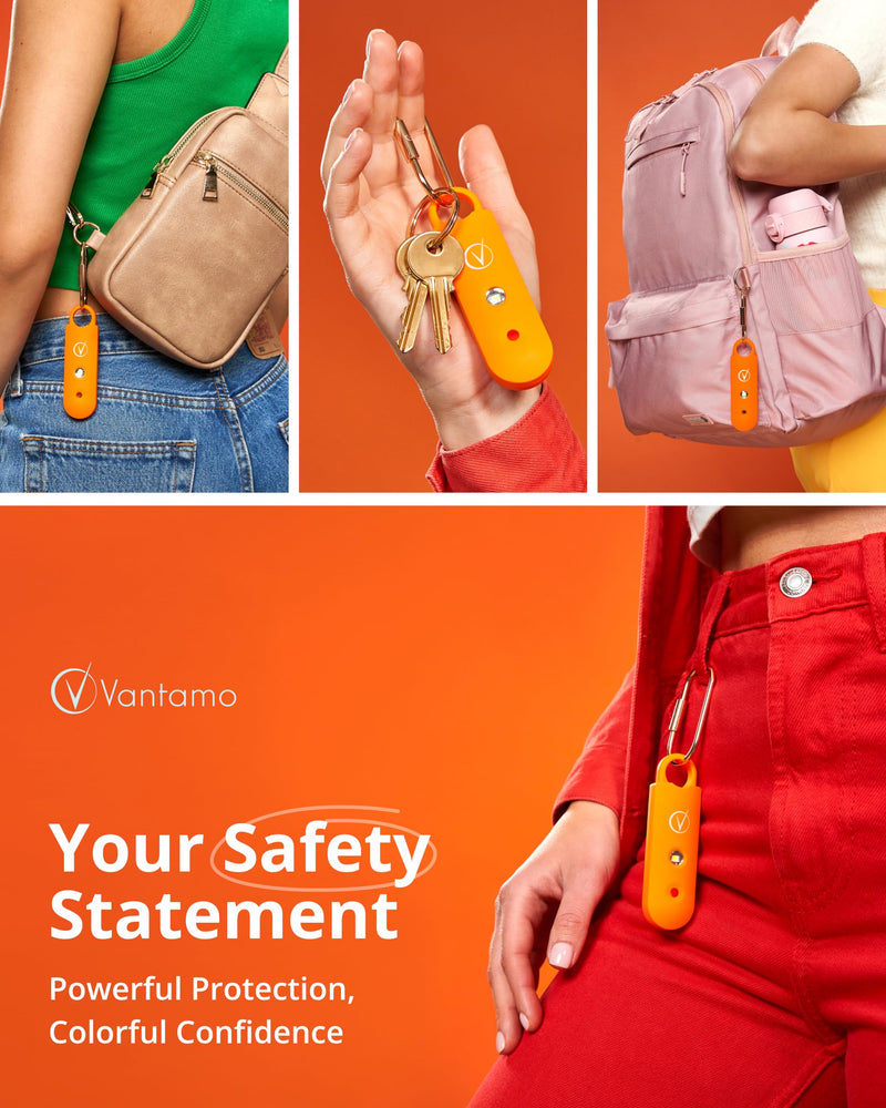 Vantamo Personal Alarm for Women - Extra Loud Double Speakers, First with Low Battery Notice with Strobe Light, Rechargeable - Safety Alarm Keychain (Tangerine) Tangerine