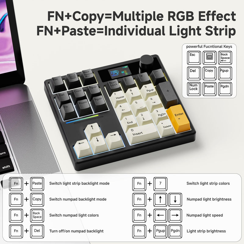 BOYI TD31Pro Mechanical Numpad,Mini Keyboard with Screen&Knob,Bluetooth5.0/2.4G/Type-C Wireless Numeric Keypad,Gasket HotSwap RGB Number Pad,PBT Keycaps Rechargeable Number keypad for PC(Black-Grey) Black-Grey