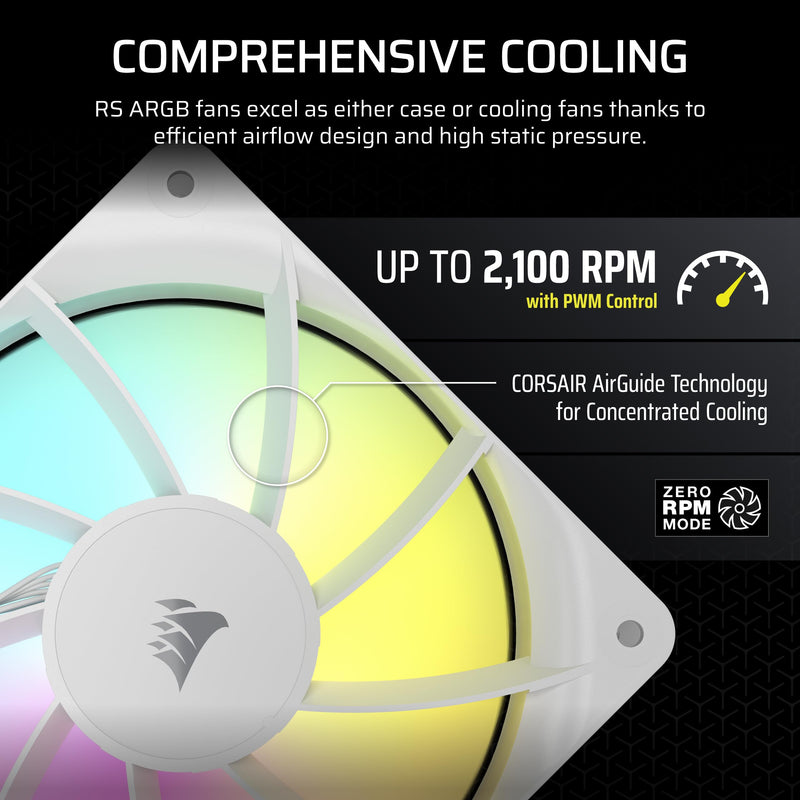 CORSAIR RS120 ARGB 120mm PWM Fans – Daisy-Chain Connection – Low-Noise – Magnetic Dome Bearing – Triple Pack – White 3 x 120mm