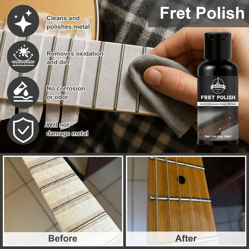 9Pcs Guitar Cleaning Kit, Guitar Maintenance Kit Includes Fret Polish, Cleaning Solution, Fretboard Lemon Oil, String Cleaning & Polish, String Cleaner, String Tuner, Masking Tape, 2 Cloth