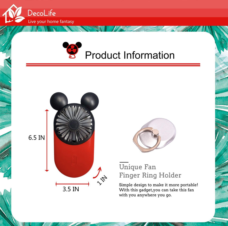 DecoLife Cute Personal Mini Fan, Handheld & Portable USB Rechargeable Fan with Beautiful LED Light, 3 Adjustable Speeds, Portable Holder, Perfect for Indoor Or Outdoor Activities, Cute Mouse Red