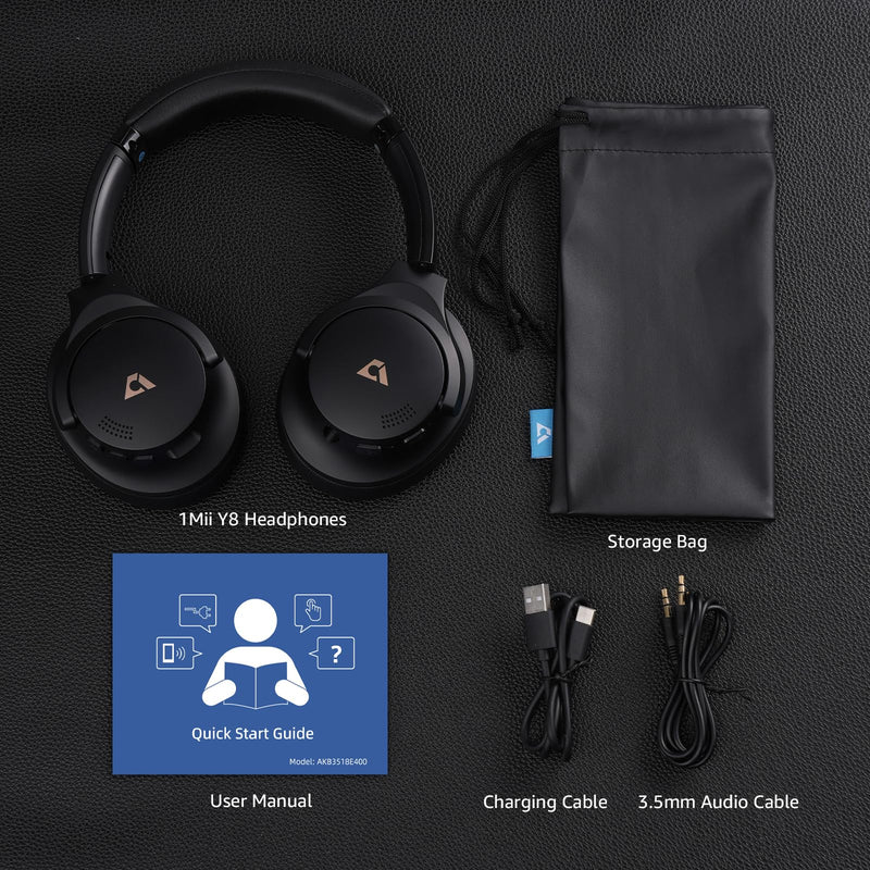 1Mii Y8 Hybrid Active Noise Cancelling Headphones, Wireless Over Ear Bluetooth Headphones, LDAC Hi-Res Audio, 75H Playtime, Deep Bass, Comfort Fit & Foldable Ear Cups, for Home Office Travel