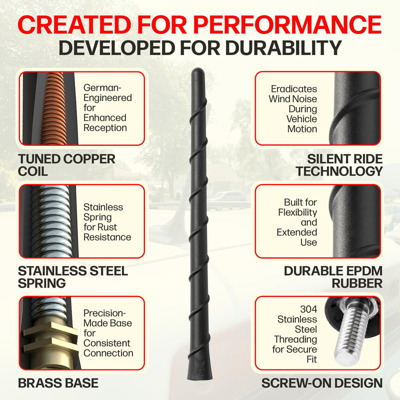 Votex Universal Short Rubber Spiral 8" Antenna Kit – Enhanced Reception, Carwash Proof, Flexible and Durable with Tuned Copper Coil and Stainless Steel Threading – for Trucks, Cars & SUVs, (Black)