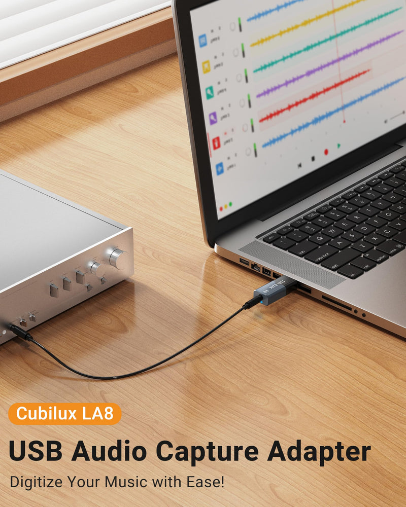 LA8 3.5mm Analog & Mini TOSLINK to USB Audio Capture Adapter | USB A Audio Capture Dongle, 1/8” Line-In / Mini Optical Input Audio Receiver