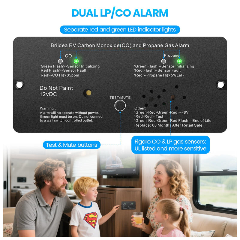 [AUSTRALIA] - RV Carbon Monoxide & Propane Gas Alarm, Briidea Dual LP/CO Alarm with Separate LED Indicator Light, Metal Housing, 100dB Loud Alert, Flush Mount, Compatible Replacement for Safe-T-Alert 30-442 Series 6.4in*2.6in*0.6in 