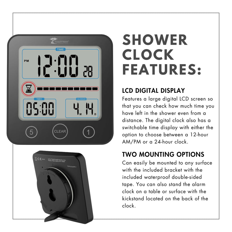 [AUSTRALIA] - ToiletTree Products Digital Bathroom Shower Clock with Alarm & Large LCD Display – Waterproof, Humidity & Moisture Resistant – Clocks for Bath & Kitchen Black 