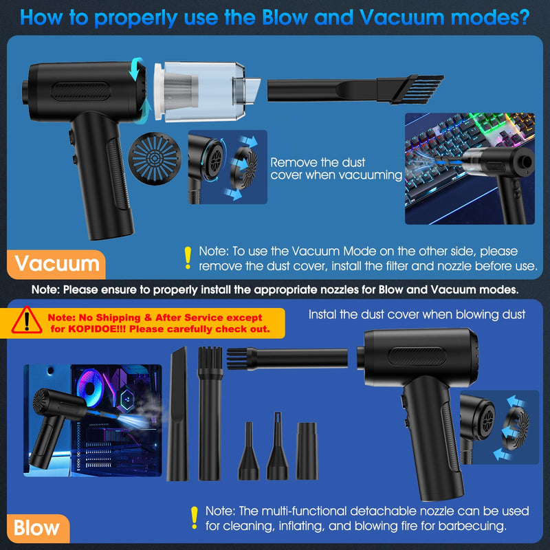 [AUSTRALIA] - Compressed Air Duster, 100000RPM Handheld Car Vacuum/Air Blower& Pump, 3 Gear Adjustable Electric Air Duster/Car Vacuum Cleaner, Keyboard Duster with LED Light-10 Kits Air Blower for Computer VC016 Black 
