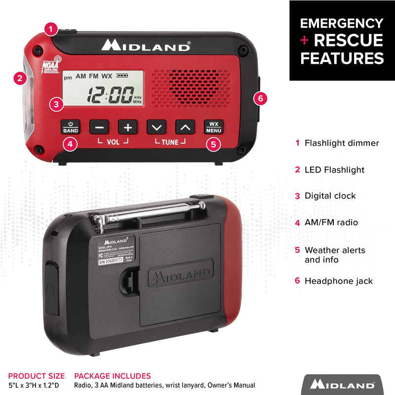 Midland® - ER10VP Weather Radio with Flashlight & Emergency Alert - AM/FM Radio - Compact and Easy to Carry - SOS Strobe Signal and Headphone Jack