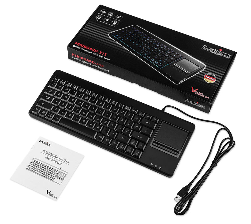 Perixx PERIBOARD-315H, Wired USB Backlit Keyboard with Touchpad and 2 USB Ports, Black (10917)