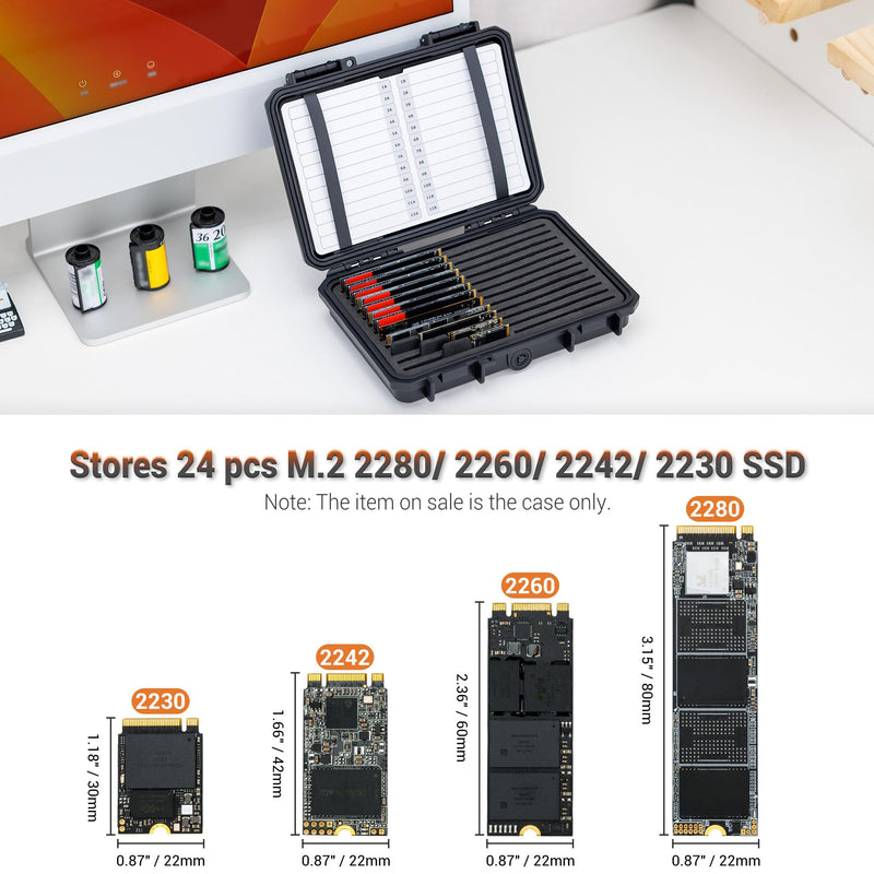 High Capacity 24 Slots M.2 2280 2260 2242 2240 2230 Case, Sturdy M.2 NVMe SSD Card Case with Label & Notepaper, Water-Resistant & Shockproof M.2 2280 SSD Holder Vertical Style M.2 Drive Organizer Box for 24 M.2 SSDs