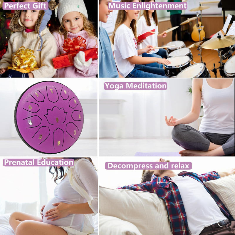 Rain Drum for Outside & Garden – 6.5-Inch Steel Tongue Drum, 11 Notes with Soft Bag, Music Book, and Mallets – Ideal for Meditation, Yoga, Relaxation, Sound Therapy, Musical Education – by VESYMAN 6.5 Inch 11 Notes Lavender Purple