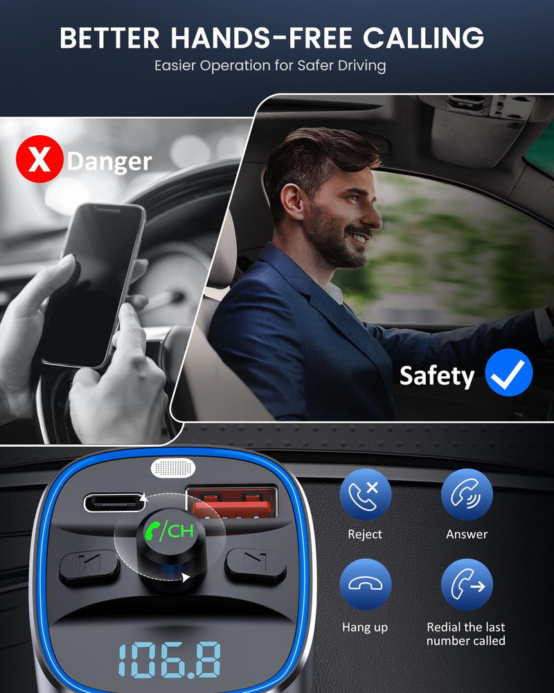 [AUSTRALIA] - LENCENT Bluetooth 5.4 FM Transmitter Car Adapter 48W [PD 30W & 18W] [7 Color Light] [Fast Charging] Wireless Radio Music Adapter Hands-Free Calling, Support USB Drive & TF Card Colorful-48W 