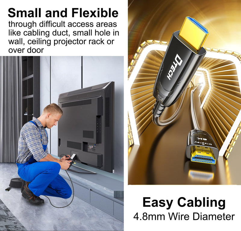 DTECH 8K Fiber Optic HDMI Cable 50ft 2.1 eARC 48Gbps 4K 120Hz 8K 60Hz Ultra High Speed Gaming Long HDMI Cord HDR HDCP in Wall Rated Compatible with Soundbar TV PS5 PS4 Xbox 1440p 240Hz Monitor