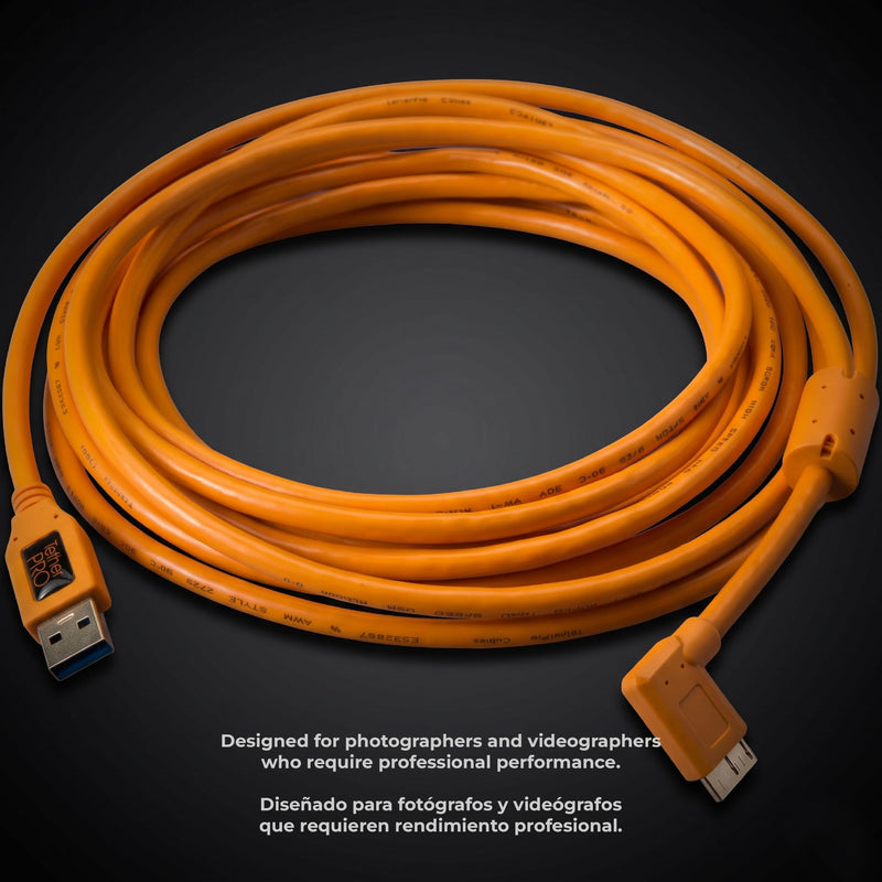 Tether Tools TetherPro USB 3.0 to Micro-B Right Angle Cable | for Fast Transfer and Connection Between Camera and Computer | High Visibility Orange | 15 Feet (4.6 m)