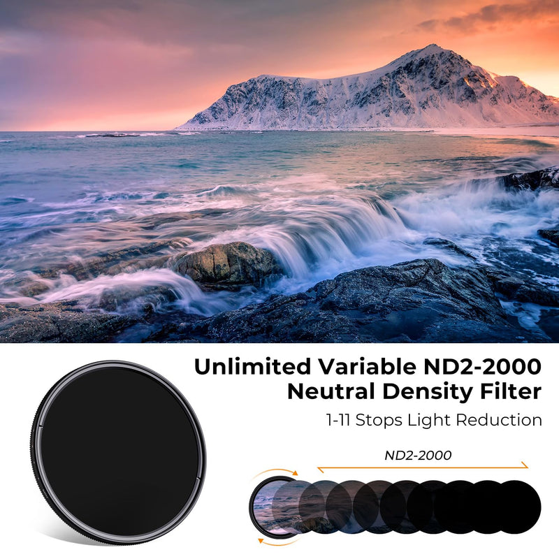 K&F Concept 58mm Variable ND2-2000 (1-11 Stops) ND Camera Lens Filter-18 Multi-Coated Adjustable Neutral Density Filter with 3 Vacuum Cleaning Cloths (K-Series)