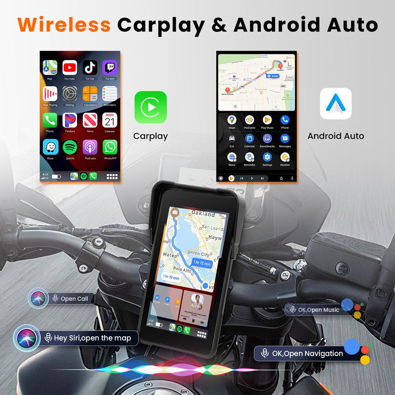 Motorcycle Carplay Screen 5 Inch GPS Navigation System with Wireless Carplay and Android Auto IP68 Waterproof Portable Screen Plug and Play with Bluetooth Navigation Software Upgrade Brightness Adjust
