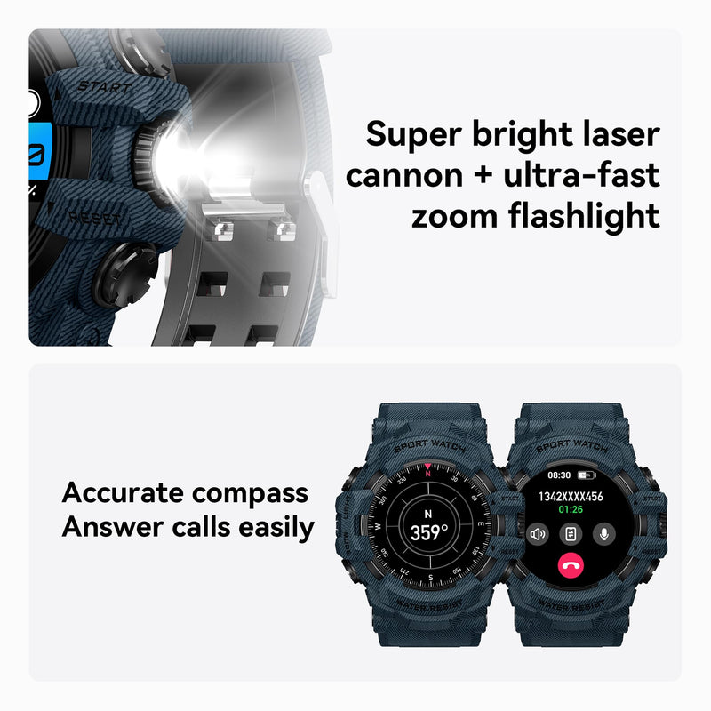 MIDDOW Military Smart Watch with Compass/Flashlight for Men | Fitness Tracker Watch with Waterproof/Long Battery Life/Heart Rate/Sleep/100+ Sport Modes for Android Phone and iPhone