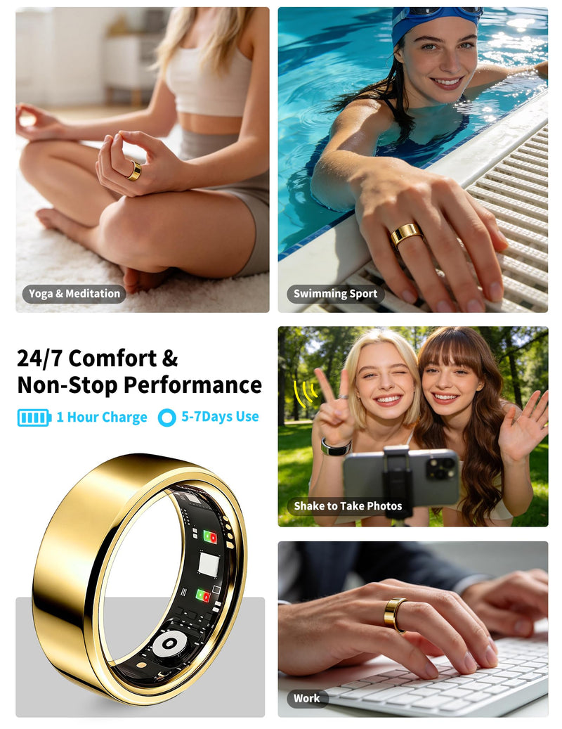 Smart Ring for Women Men Fitness Tracker Heart Rate Sleep Trends 128 Sports Modes Gesture Control Cycle Tracking IP68 Waterproof No Subscription Compatible with iPhone Android (Gold, Size 11)