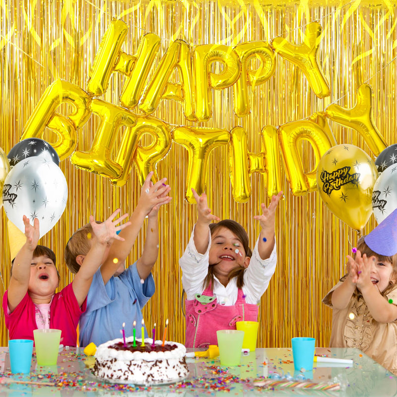 Birthday Party Decorations: 3 Pack 3.3 x 9.9 ft Gold Foil Fringe Curtains Party Supplies, Tinsel Curtain Backdrop for Parties/Birthday/Photo Booth